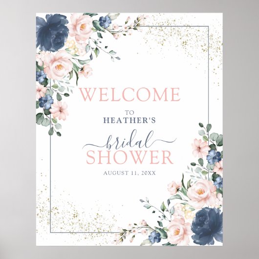 Dusty Blue Blush Pink Floral Shower Welcome ポスター (正面)