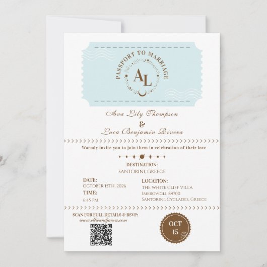 Dusty Blue Boarding Pass Cosmic Wedding  招待状 (正面)