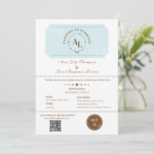 Dusty Blue Boarding Pass Cosmic Wedding  招待状 (スタンド正面)