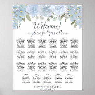 Dusty Blue Boho Chic Roses 23 Table Seating Chart ポスター