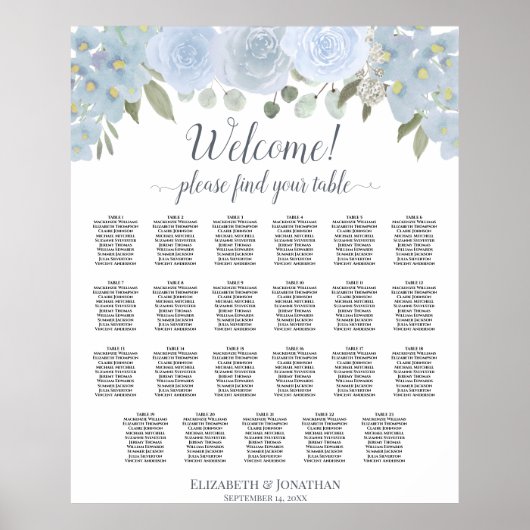 Dusty Blue Boho Chic Roses 23 Table Seating Chart ポスター (正面)