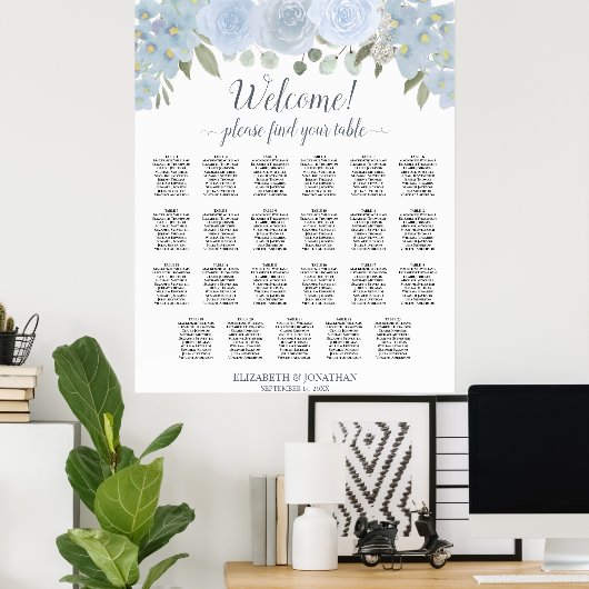 Dusty Blue Boho Chic Roses 23 Table Seating Chart ポスター (ホームオフィス)