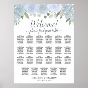 Dusty Blue Boho Chic Roses 23 Table Seating Chart ポスター