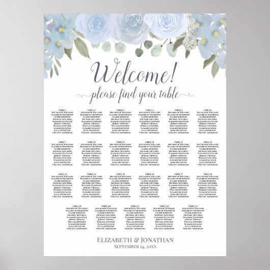 Dusty Blue Boho Chic Roses 23 Table Seating Chart ポスター (正面)