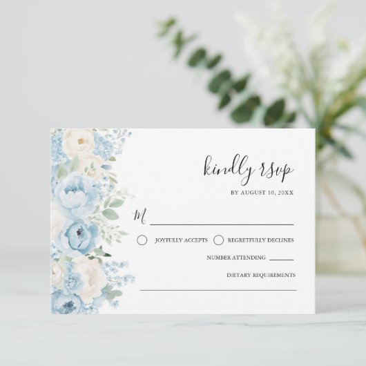 Dusty Blue Boho Floral Wedding 出欠カード (スタンド正面)