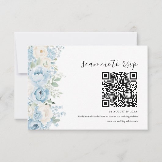 Dusty Blue Boho Floral Wedding QR Code 出欠カード (正面)