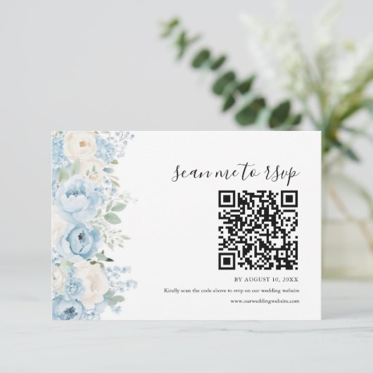 Dusty Blue Boho Floral Wedding QR Code 出欠カード (スタンド正面)