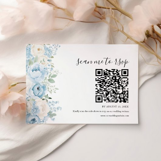 Dusty Blue Boho Floral Wedding QR Code 出欠カード