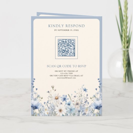 Dusty Blue Boho Wildflower QR Code Wedding 招待状 (裏面)