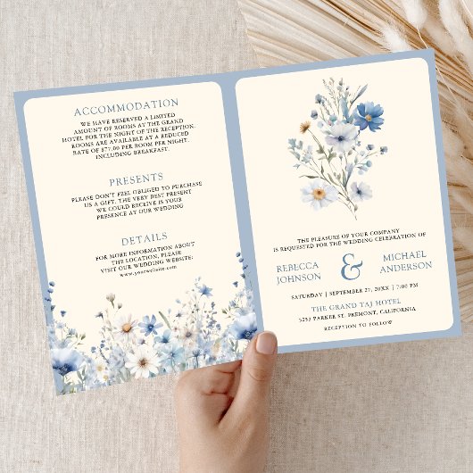 Dusty Blue Boho Wildflower QR Code Wedding 招待状