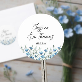 Dusty Blue Boho Wildflowers Couple's Names Wedding ラウンドシール