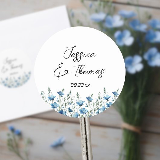 Dusty Blue Boho Wildflowers Couple's Names Wedding ラウンドシール