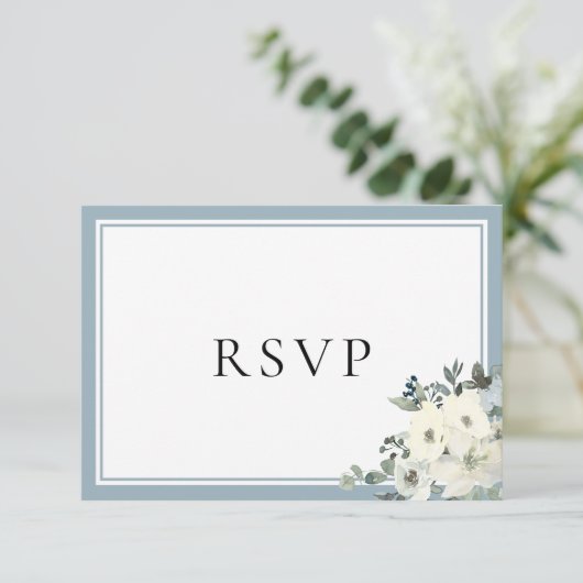 Dusty Blue Border Elegant Menu Choice RSVP Card (スタンド正面)