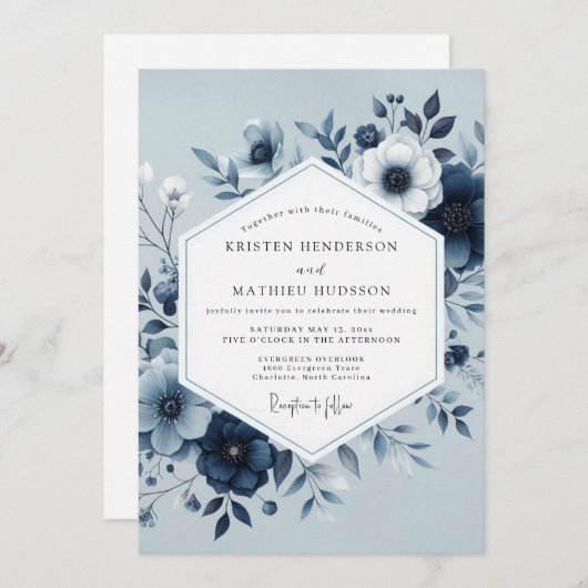 Dusty Blue Botanical Bloom Wedding 招待状 (正面/裏面)