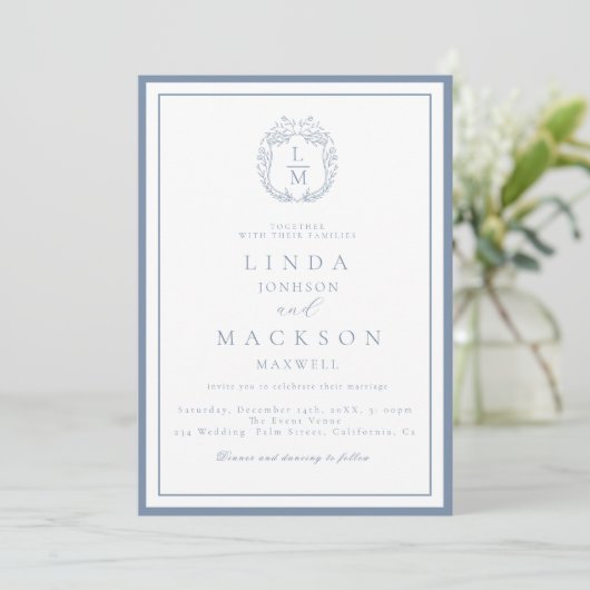 Dusty blue botanical crest monogram wedding 招待状 (スタンド正面)