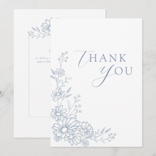 Dusty Blue Botanical Daisy Garden Wedding サンキューカード (正面/裏面)