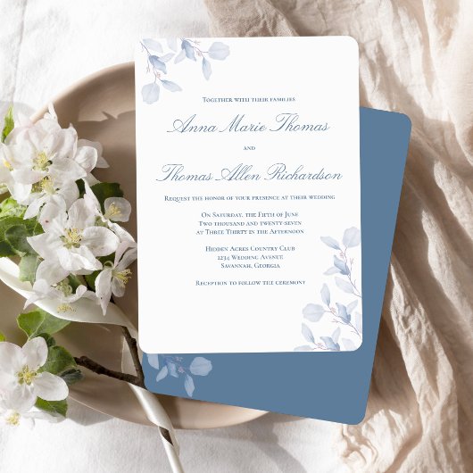 Dusty Blue Botanical Elegant Minimalist Wedding 招待状
