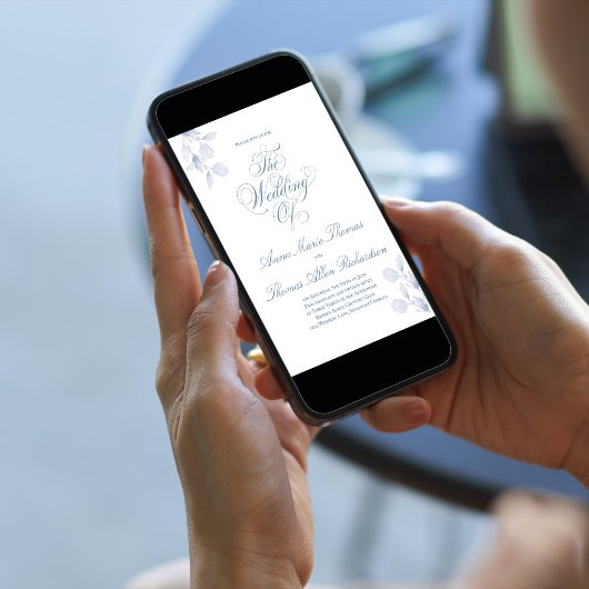 Dusty Blue Botanical Elegant Script Wedding Invite 招待状