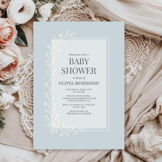 Dusty Blue Botanical Floral Baby Shower 招待状