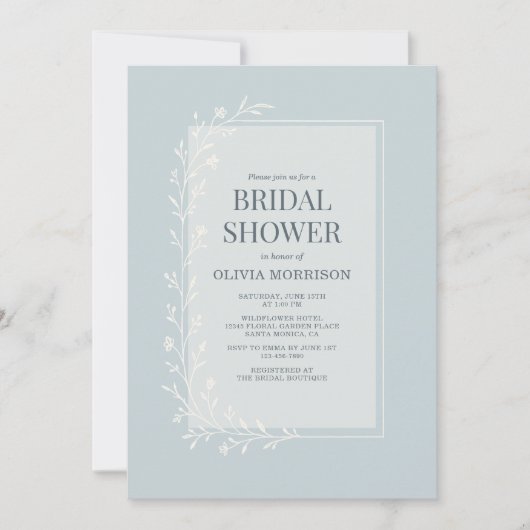 Dusty Blue Botanical Floral Bridal Shower 招待状 (正面)