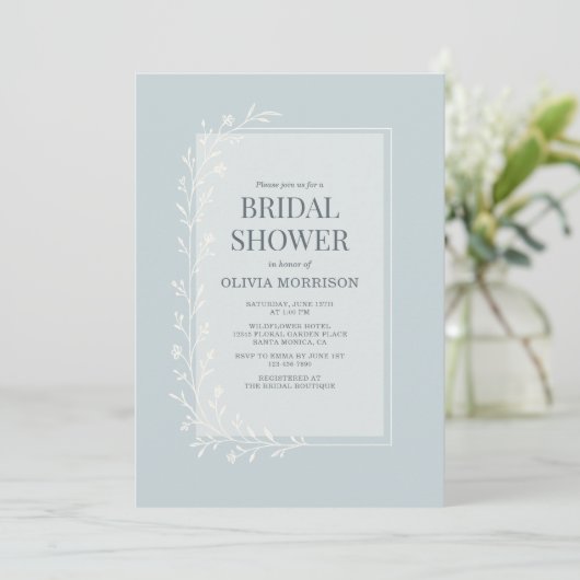 Dusty Blue Botanical Floral Bridal Shower 招待状 (スタンド正面)