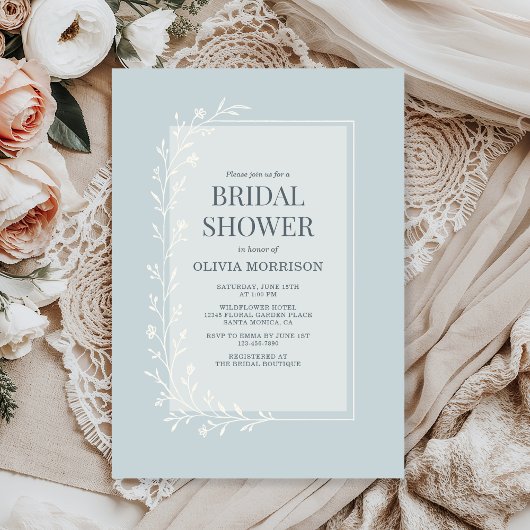 Dusty Blue Botanical Floral Bridal Shower 招待状