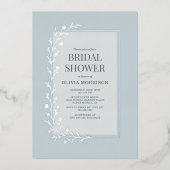 Dusty Blue Botanical Floral Bridal Shower Silver 箔招待状 (正面)
