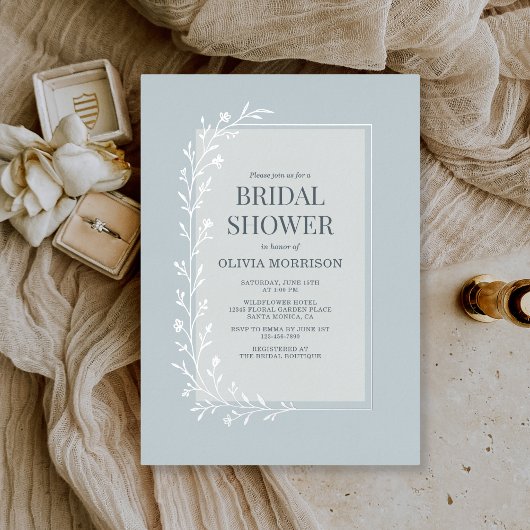 Dusty Blue Botanical Floral Bridal Shower Silver 箔招待状