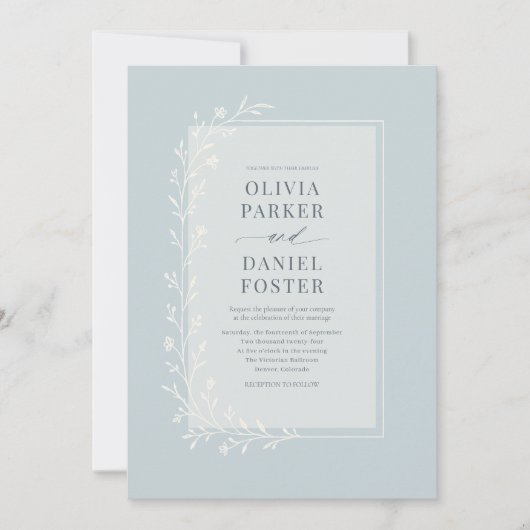 Dusty Blue Botanical Floral Wedding 招待状 (正面)