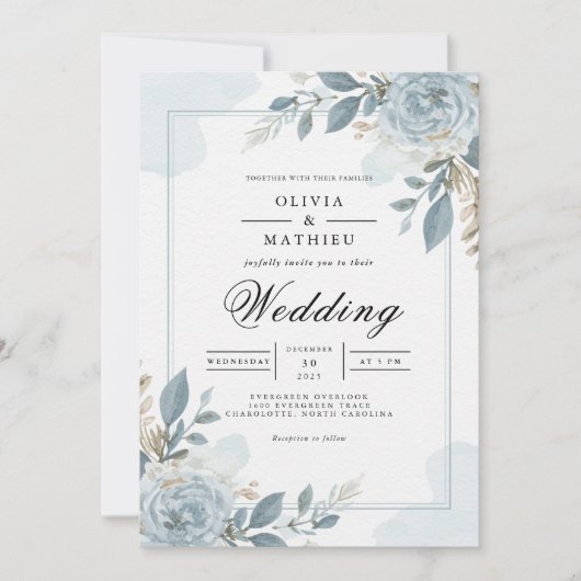 Dusty Blue Botanical Floral Wedding 招待状 (正面)