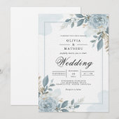 Dusty Blue Botanical Floral Wedding 招待状 (正面/裏面)