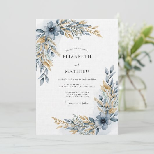 Dusty Blue Botanical Flourish Wedding 招待状 (スタンド正面)