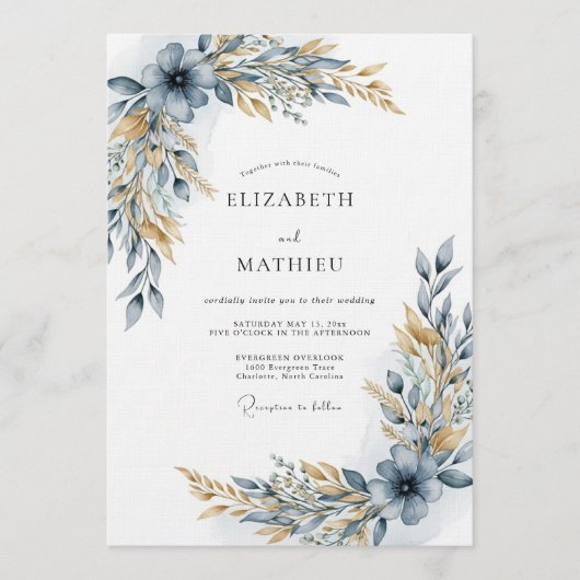 Dusty Blue Botanical Flourish Wedding 招待状 (正面)