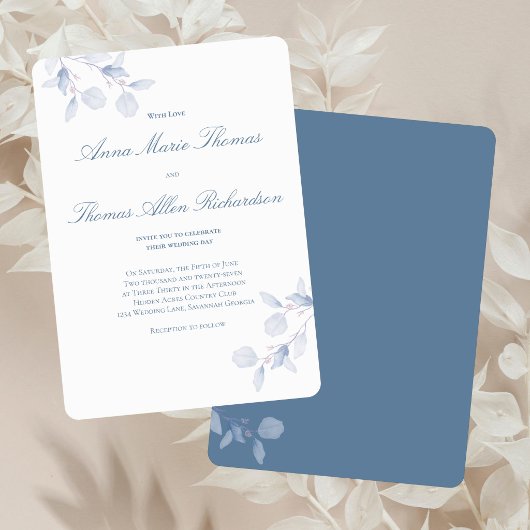 Dusty Blue Botanical Modern Script Wedding Invite 招待状