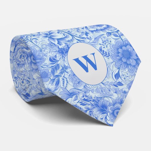 Dusty Blue Botanical Pattern ネクタイ (ロール)