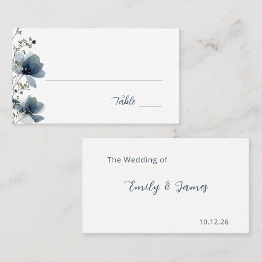 Dusty Blue Botanical Wedding プレイスカード (正面/裏面)