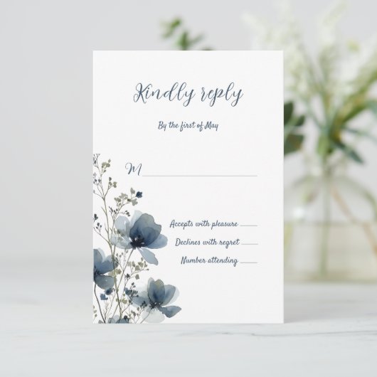 Dusty Blue Botanical Wedding 出欠カード (スタンド正面)