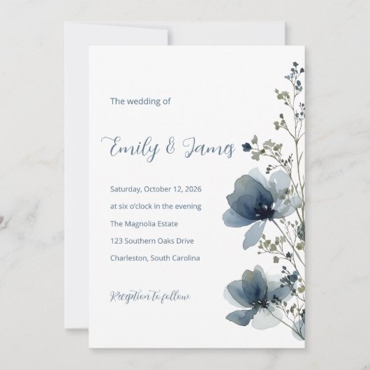Dusty Blue Botanical Wedding 招待状 (正面)