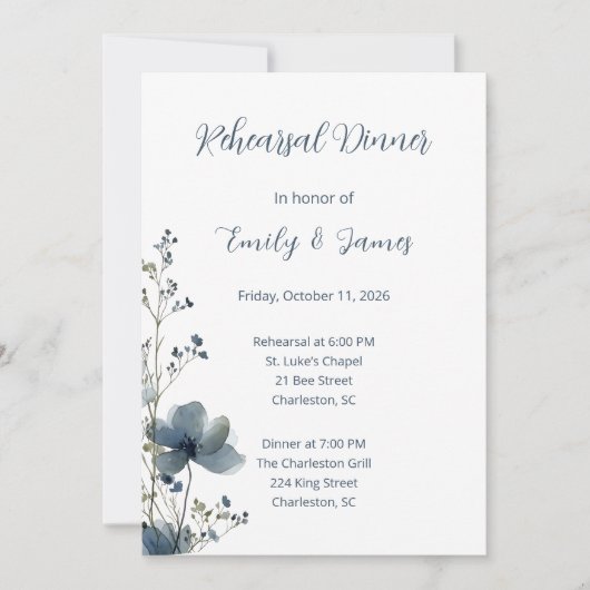 Dusty Blue Botanical Wedding 招待状 (正面)
