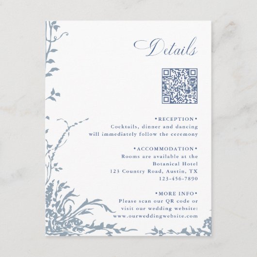 Dusty Blue Botanical Wedding QR Code Details エンクロージャーカード (正面)