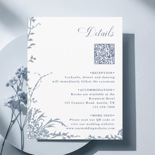 Dusty Blue Botanical Wedding QR Code Details エンクロージャーカード
