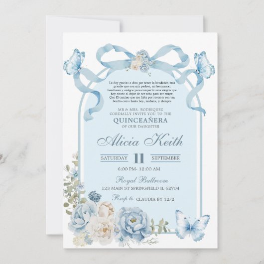 Dusty Blue Bow Coquette Butterfly Invitation 招待状 (正面)