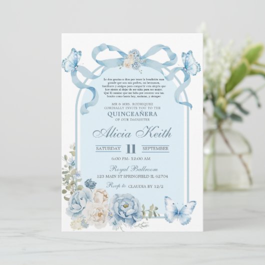 Dusty Blue Bow Coquette Butterfly Invitation 招待状 (スタンド正面)
