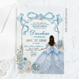 Dusty Blue Bow Coquette Butterfly Quinceañera アクリル招待状