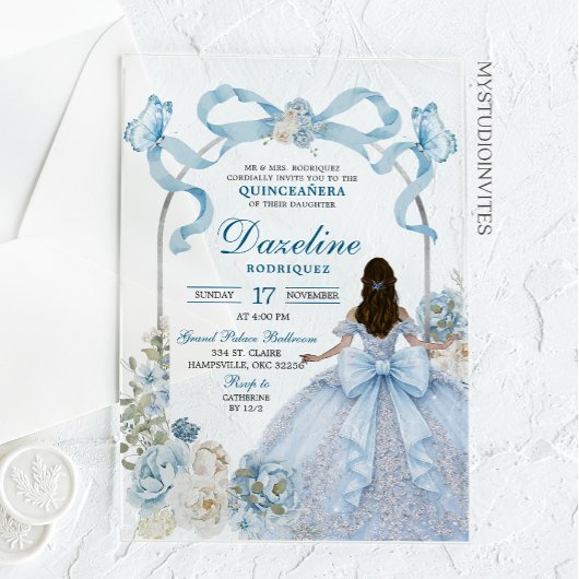 Dusty Blue Bow Coquette Butterfly Quinceañera アクリル招待状