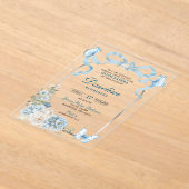 Dusty Blue Bow Coquette Butterfly Quinceañera アクリル招待状 (レイダウン)