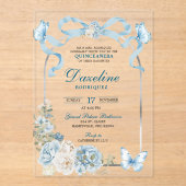 Dusty Blue Bow Coquette Butterfly Quinceañera アクリル招待状 (正面)