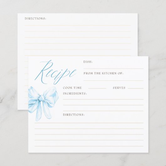 Dusty Blue Bow Elegant Bridal Shower Recipe Cards (正面/裏面)