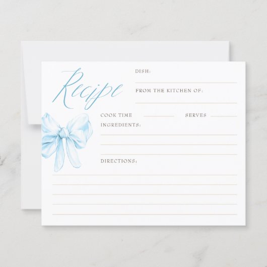 Dusty Blue Bow Elegant Bridal Shower Recipe Cards (正面)