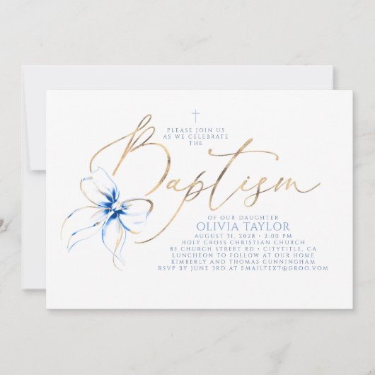Dusty Blue Bow Elegant Minimalist Modern Baptism 招待状 (正面)